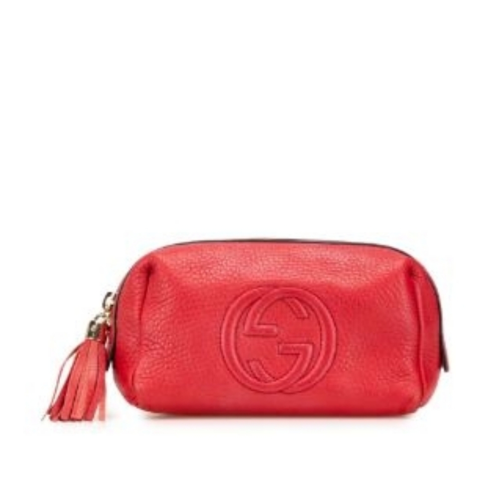 Gucci Soho Cosmetic Pouch with Embossed Logo & Tassel Zip in Red Pebbled Leather